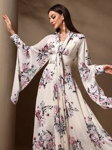 女士优雅花卉印花蝙蝠袖连衣裙，秋季