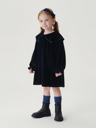 MARC&JANIE Young Girl Peter Pan Collar Flounce Sleeve Velvet Dress