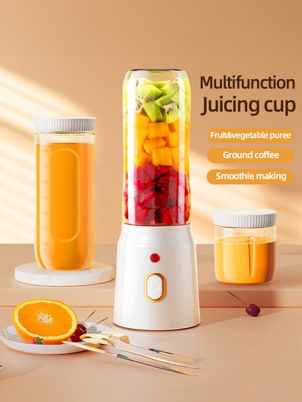 1 Stück tragbarer elektrischer Entsafter, 450ml kabellose Mini Fruchtsaftpresse-Tasse, USB aufladbarer Mini Entsafter wahlweise mit Doppeltasse für Obst und Gemüse, Haushalts-Obstmixer für Sport, Küche, Zuhause, Reisen, Gemüse-Obst-Werkzeuge, Küchenutensilien
