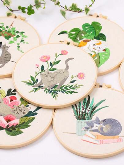 1 Set Diy Hand Embroidery Supplies Animal Cat Theme Embroidery Decorative Painting, Color Random Wind Around Organizer Included