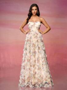 Ruched Ditsy Floral Strapless Dress With Ruffle Hemline,Party Dress,Gown,Formal,Evening,Wedding Guest - Apricot - View 1