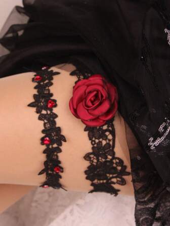 1 Pair Burgundy Bride Floral Leg Garter, Crystal & Lace Leg Band Valentine's Day Valentines