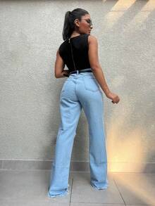 Saina Office 8017 With Black Belt Women's Wide Leg Jeans With Splits 8017 With Belt - Rửa trung bình - Xem 2