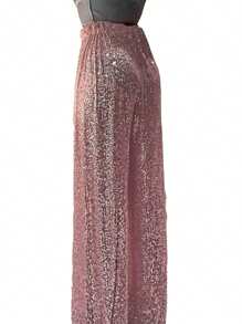 Women Sequins Wide Leg Pants Shiny Loose Casual Elastic High Waist Trousers For Work Office Streetwear - Hồng - Xem 6
