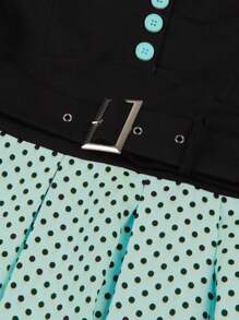 Two-Tone Stitching Polka Dot Women Formal Elegant Dress Retro Style Button Belt Pleated Rock Dress