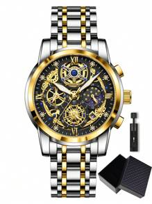 POEDAGAR 1 chiếc đồng hồ thạch anh thời trang nam bằng thép không gỉ chống thấm nước phát sáng, đồng hồ đeo tay thể thao nam có chức năng bấm giờ ngày, đồng hồ nam thường ngày có hộp, phù hợp để đeo hàng ngày, quà tặng nam - Một cỡ - Xem 19