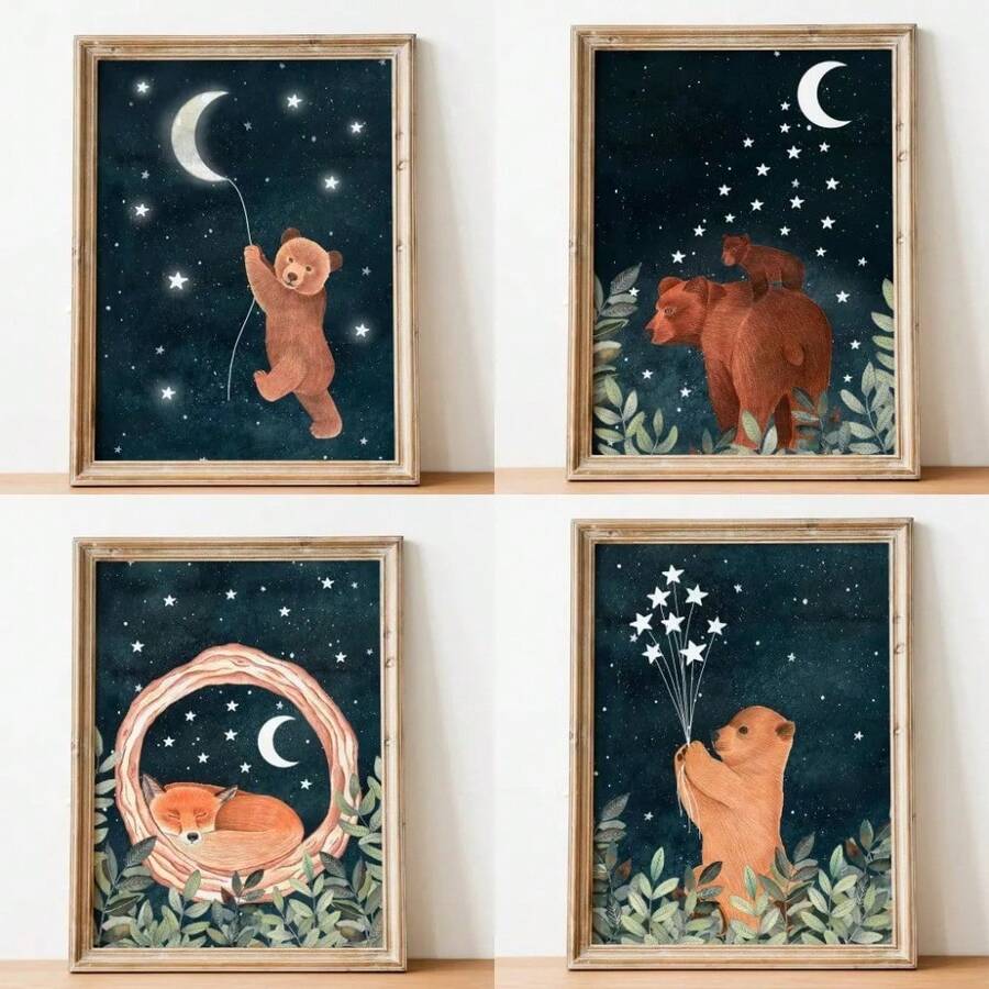 1 件林地森林动物夜空墙壁艺术熊和月亮海报狐狸鹿睡觉插图帆布画儿童房间装饰无框架 - 彩色 - 查看 1