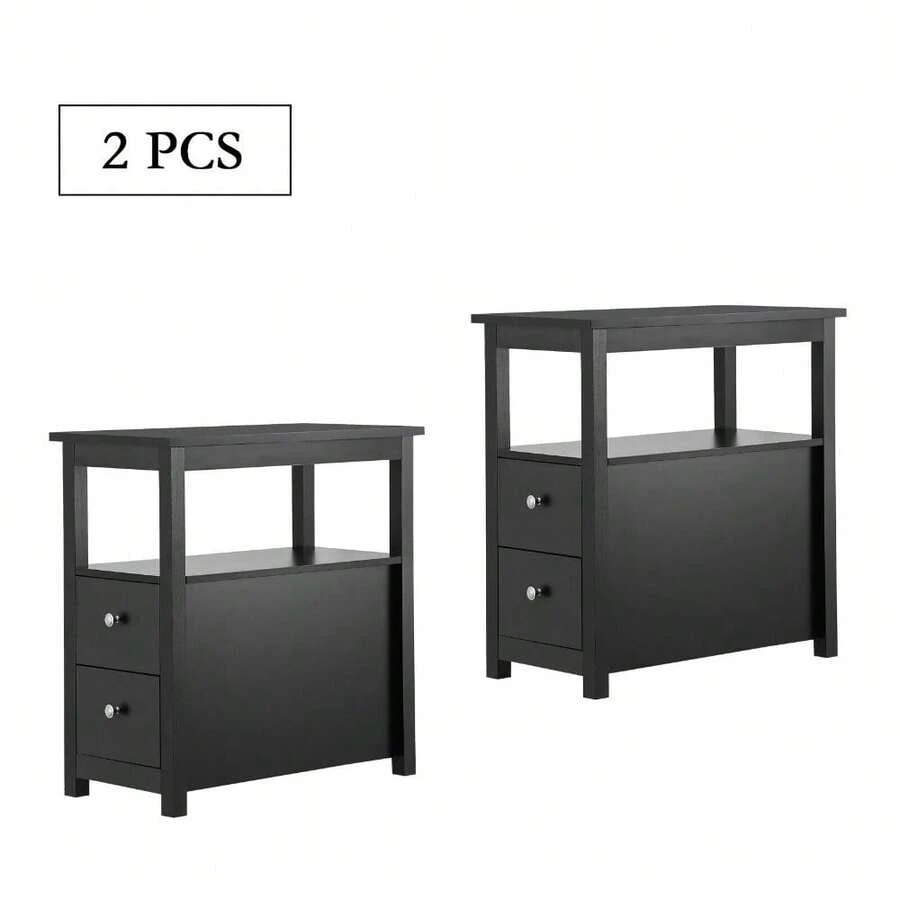 2 PCS End Table With 2 Drawer And Shelf Narrow Sofa Side Table Home Decor Black - màu đen - Xem 1