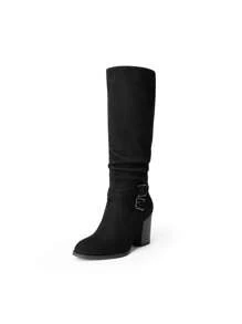 Women's Buckle Knee High Boots Slouchy Chunky Heeled Side Zipper Long Tall Boots Comfortable Fashionable Autumn Fall Boots - 黑色/麂皮 - 查看 4