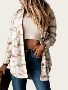 Going Out Retro Long Sleeve Button Up Plaid Beautiful Vintage Fashion Casual Elegant Shirts Top For Women Spring And Summer Holiday/Valentine's Day - Beige - View 2