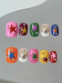 10 pièces Nail Art fait main, Nail Art de couleur dopamine en forme d'amande, design peint à la main avec motif étoilé, Nail Art quotidien, Nail Art créatif mignon et chaud de l'amour tridimensionnel pour filles mignonnes, Nail Art de dessin animé mignon et cool, Nail Art senior unique et mignon, Ongles de printemps, Ongles d'été