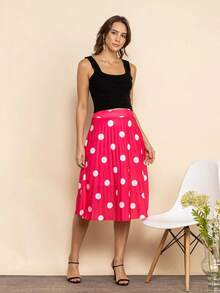 Saia plissada modelo feminino, casual, chic, elegante , festa, igreja , tecido fresquinho , com detalhe de bolinhas. - Pink - Visão 2
