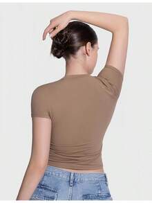 Women's Crew Neck Short Sleeve Tops Double Lined Slim Fit T Shirts Basic Tee Smoke Cloud Pro Collection - gừng - Xem 4