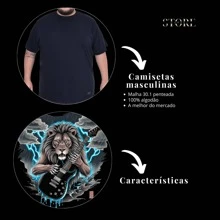 Camiseta Masculina Plus Size Leão guitarra Camisa estampada G1 ao G11