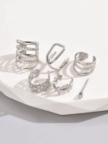 6 件套锆石百搭简约夹式耳环，适合女士，日常百搭 - 銀色 - 查看 3