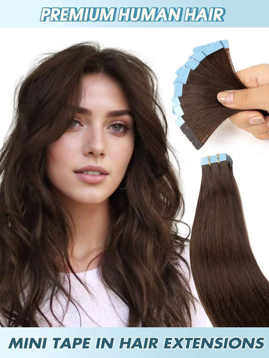 10pcs Mini Tape-In Hair Extensions, Real Human Hair, #2 Dark Brown, 14-22 Inches, Remy Human Hair, Double-Sided Invisible Tape-In Extensions
