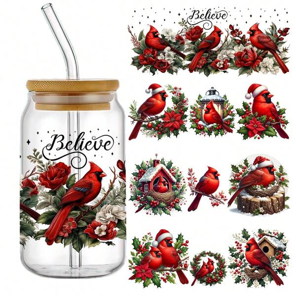 Christmas Cardinal Decorative Stickers, 4-Piece Set, UV DTF Self-Adhesive 3D Crystal Decals For Glassware, Waterproof Scratch-Resistant Plastic Wrap, High-Quality Vinyl Embellishments For Cups And Bottles - 4.3" X 9.4"