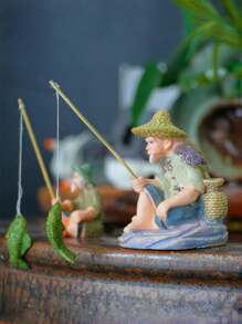 1 pieza Estatua en miniatura de pescador, accesorios de paisajismo de PVC para acuarios, macetas, tanques de peces, soportes, rocallas, decoraciones de musgo verde, adecuado para interiores y exteriores, habitaciones, jardines, patios, césped, terrazas, estanques de peces y estatuas de paisaje, decoración de Halloween, Navidad