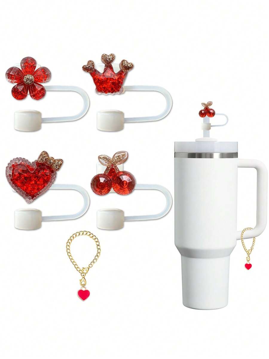 2/8 件/1 套/4 套红水晶吸管盖 + 吊坠、皇冠、樱桃、心形、花形吸管盖，适用于玻璃杯盖，适用于 30&40 盎司玻璃杯，10 毫米硅胶吸管盖，可重复使用吸管盖，防尘吸管盖，简易吸管头盖，杯子配件 - 紅色水晶吸管帽+吊墜 - 查看 1