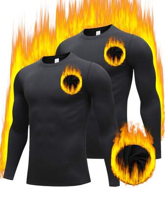 2pcs Men'S Black Thermal Underwear Tops Are Close To The Warmth, Comfortable, Elastic, Cold-Proof Home Pajamas, Outdoor Wear Undergarments, Thermal Insulation Winter Gifts