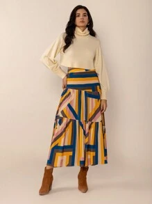 Rusttydustty 波西米亚风多色条纹休闲度假舒适 A 字飘逸女式半身裙 - 黃色 - 查看 7