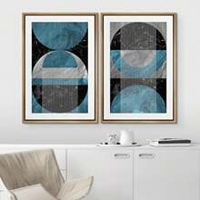 2 Pieces Framed Wall Art - Marble Line & Circle Collage Pattern Canvas Prints Set - Mid-Century Abstract Plants Geometric Modern Art Minimalist Zen Clam / Relax Artwork For Room Decor - Ready To Hang