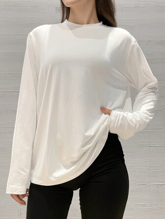 Small Shoulder Drop Long-Sleeve T-Shirt Solid Color Black Loose Casual