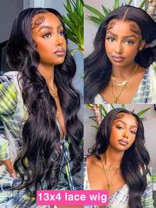 13x4 波浪蕾丝前假发 人发预拔透明蕾丝前假发 人发 180% 密度假发 人发带婴儿头发 适合女性 26 英寸 - 黑色 - 查看 2