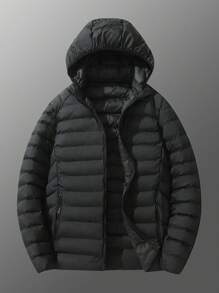 Men's Long Sleeve Hooded Winter Padded Coat, Versatile Warm Design, For Fall - Black - View 1