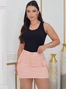 Stillger Moda Jeans Women's High Waist Twill Cargo Skirt With Lycra Side Pockets Short Butt Lift - Màu Hồng baby - Xem 4