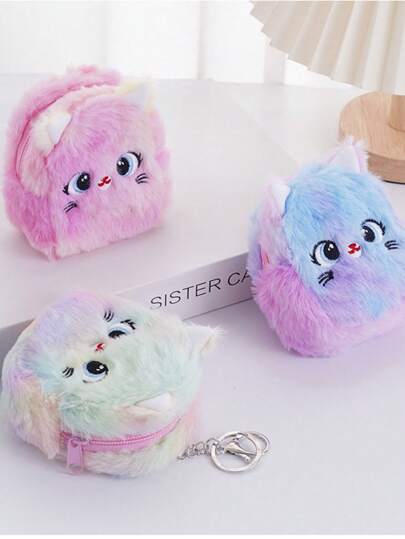 1pc Cute Cartoon Cat Plush Mini Coin Purse, Lightweight Portable Fully Matching Wallet, Earphone & Key Storage Pouch