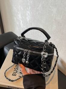 1pc Women Mini Handbag Fashion Solid Color Embroidered Rhombus Cross-Body Bag, Suitable For Cards & Keys - Black - View 2