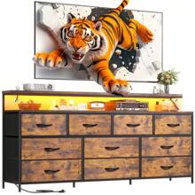EnHomee 55" W Dresser For Bedroom With 10 Drawers, Long Dresser With LED Lights & Power Outlets, Rustic Brown, Christmas Decor, Room Decor, Home Decor, Rustic Brown - 查看 7