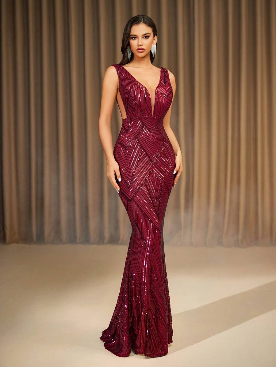 Elisanya Wine Red Deep V-Neck Sequin Floor-Length Evening Gown Dress (Back Panel Random Floral Pattern, Not Intentionally Matched), Elegant Formal Prom Dress - Burgundy - View 1