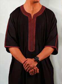 1pc Men's Moroccan Traditional Red Floral Embroidered Robe, Black Background, Soft Polyester Fabric, Comfortable And Loose Casual Wear