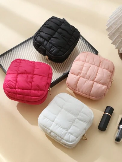 1 件绗缝柔软泡泡图案马卡龙彩色简约便携式化妆包卫生巾包，旅行化妆包女士女孩化妆包化妆包化妆品收纳盒化妆品收纳