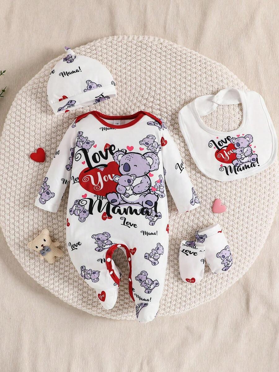 1 Set Baby Boy Cute Koala & Letter Print Long Sleeve Jumpsuit With Hat, Bib, And Gloves, 4 Pieces, Suitable For All Seasons - Red and White - View 1