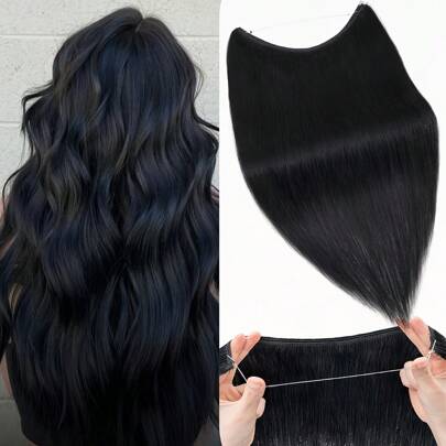 鱼线接发 人发片 天然黑色雷米直发 鱼线 带夹子 隐形线接发