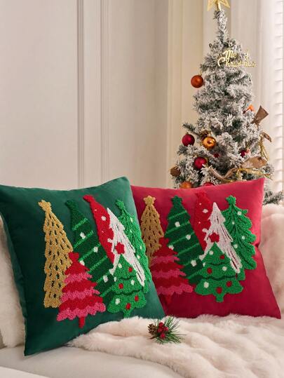 1 pieza Funda de cojín navideña, Funda de cojín de sofá con árbol de Navidad, Funda de cojín de terciopelo bordada, Decoración navideña roja para el hogar, Para decoración de invierno, Sala de estar, Decoración de cama, Estilo contemporáneo, Decoración navideña, Regalo personalizado