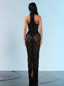 Modphy Modphy Luxury Sparkling Crystal Rhinestone High Neck Mesh Bodycon Dress, Formal Bridesmaid Gown, Evening Party, Wedding Guest Dress For Wedding