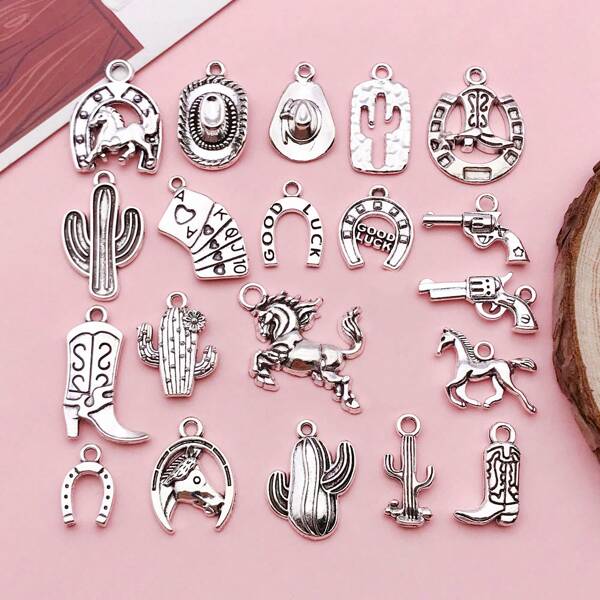 10/20 piezas Encantos occidentales de vaquero de aleación de plata envejecida para hacer joyas - botas de vaquero, sombrero, caballo, cactus, colgantes de caballo y encantos de vaquero para pulsera y collar
