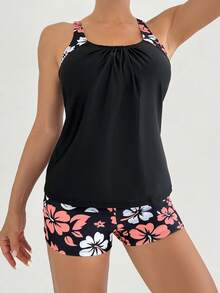 Floral Print Spaghetti Strap Backless Tankini Swimsuit Set, Casual Sexy Beach Outfit, Medium Stretch - Black - View 4
