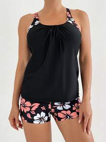 Floral Print Spaghetti Strap Backless Tankini Swimsuit Set, Casual Sexy Beach Outfit, Medium Stretch - Black - View 2