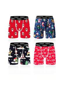 4 条装男士长款平角短裤，个性化圣诞印花舒适透气男士运动三角裤
