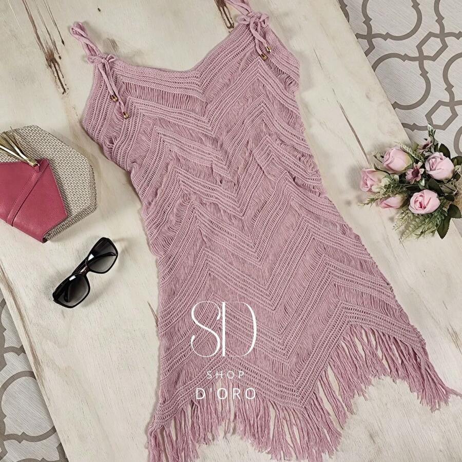 Beach Cover-Up With Fringes And Ocean Waves - Baby Pink - View 1
