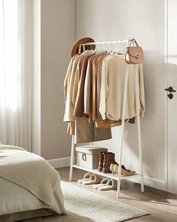 SONGMICS Kleiderständer, Garderobe, Garderobenständer, Kleiderablage, Stahlrahmen, mit Stange und Regal, 33,5 x 92,5 x 153 cm, für Schlafzimmer, Garderobe, Waschküche, Weiß
