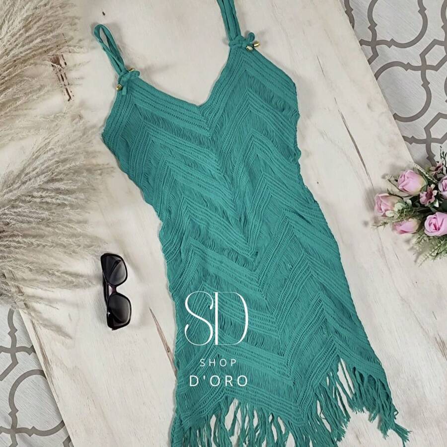 Beach Cover-Up With Fringes And Ocean Waves - Mint Blue - View 1