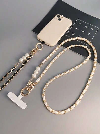 1 件女士珍珠和金属链斜挎手机挂绳 | 北欧 INS 风格，别致长带鼠兔链设计