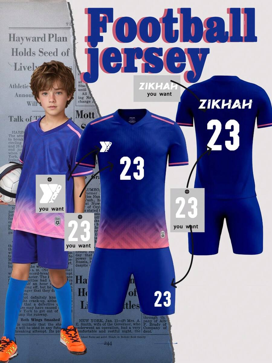 Bộ đồ thể thao bóng đá tay ngắn in họa tiết tùy chỉnh cho bé trai tuổi teen - Màu xanh lam - Xem 1