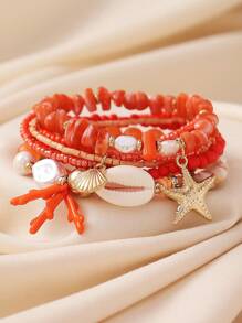 6pcs/Set Bohemian Style Ocean Theme Natural Stone, Pearl, Coral, Seashell, Starfish Beaded Multilayer Bracelet Set, Handmade Accessories For Women, Daily Wear & Holiday Gift